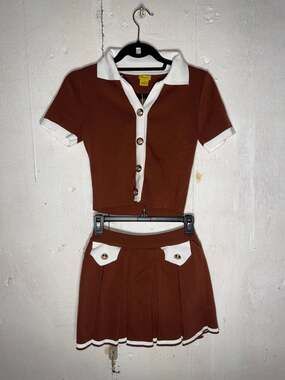Daisy Two-Piece Knit Skirt Set Brown with White Contrast Trim and Gold Buttons
